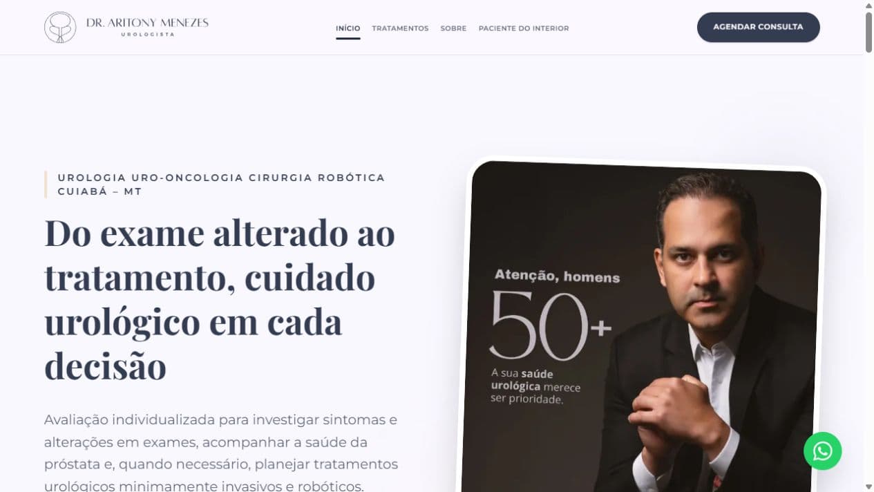 Página inicial do Dr. Aritony Menezes com apresentação do atendimento e retrato do médico
