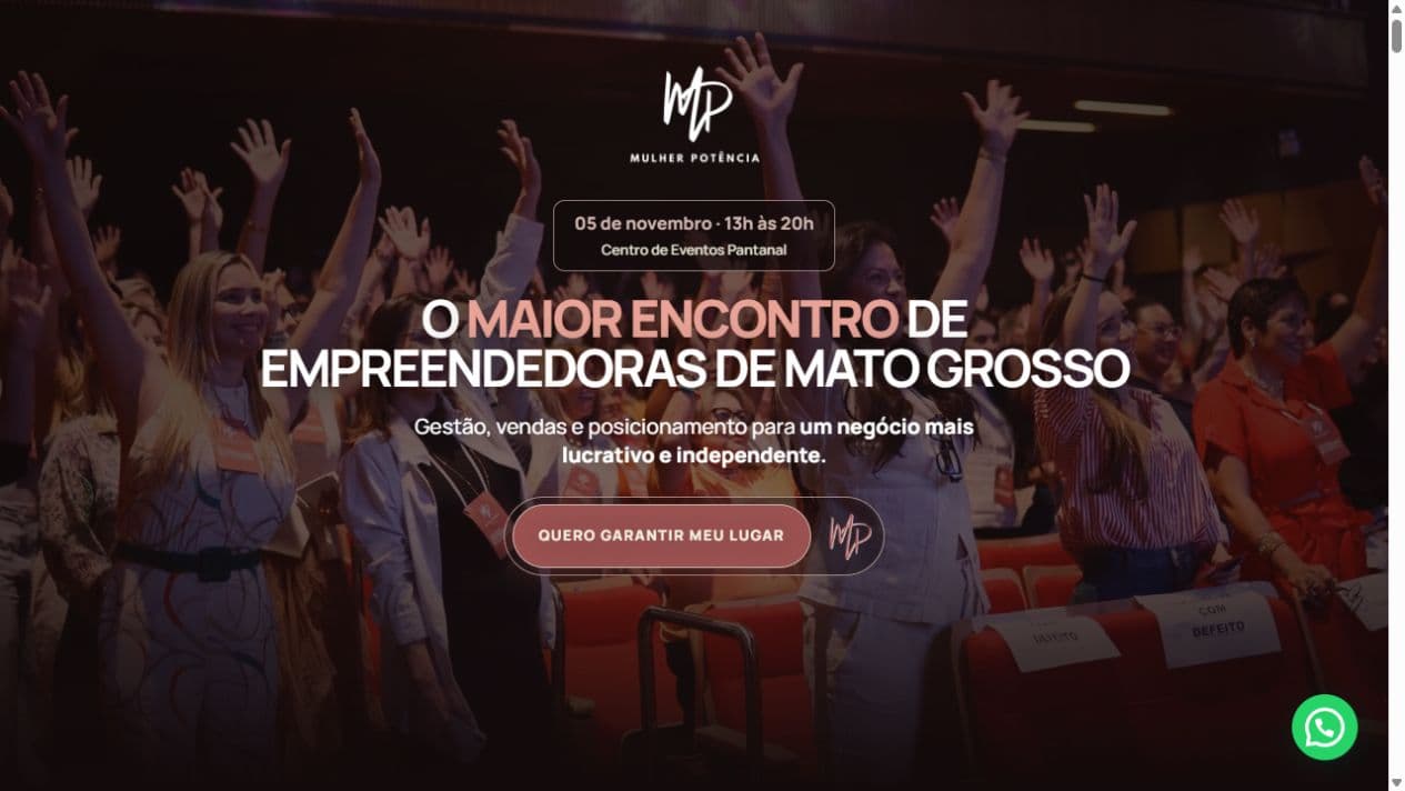 Abertura do Mulher Potência com identidade visual e botão de ingresso